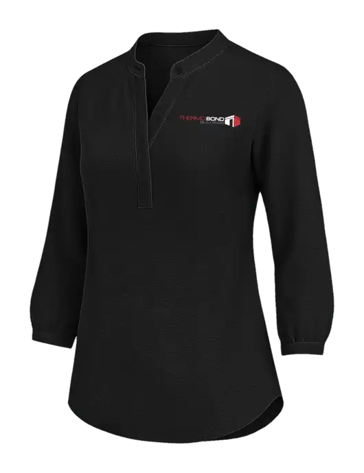 Womens Three Quarter-Sleeve Textured Black Crepe Tunic w/Thermo Bond Logo